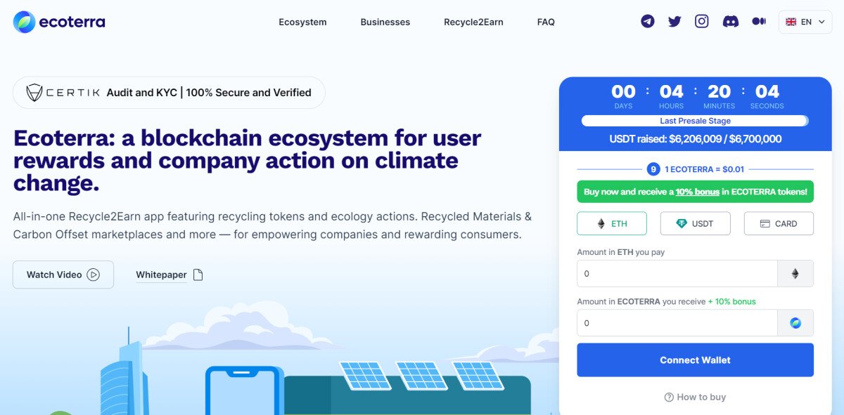 Crypto’s Best Green Project Ecoterra to End Presale in Under 5 Hours – $6.2M Raised Ahead of $ECOTERRA Launch on Friday
