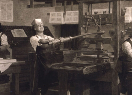 An illustration of young Benjamin Franklin at the printing press.