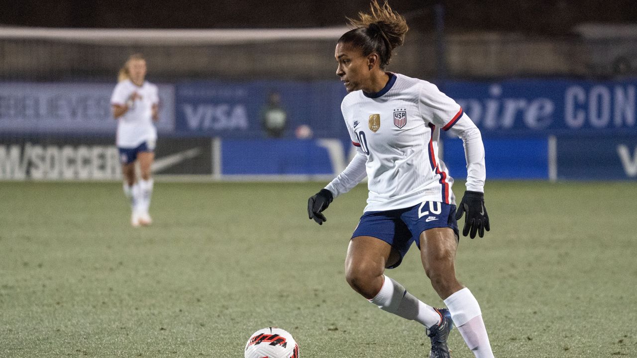 FILE - Unites States forward Catarina Macario (20) dribbles the ball during the first half of a She Believes Cup soccer match against Iceland, Wednesday, Feb. 23, 2022 in Frisco, Texas. Macario says she won't be ready in time to play for the United States in this summer's Women's World Cup as she recovers from an ACL injury. (AP Photo/Jeffrey McWhorter, File)