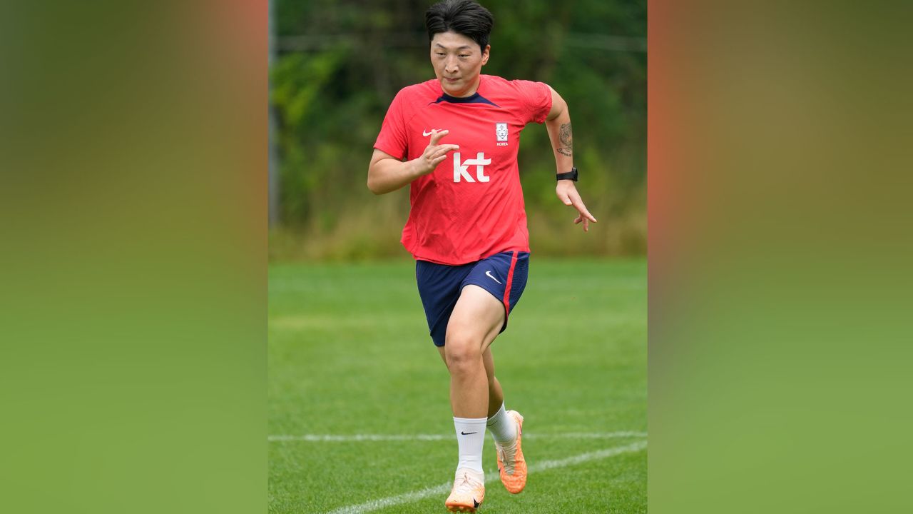 South Korea's women national soccer team player Park Eun-seon warms up during a training session ahead of the FIFA Women's World Cup at the National Football Center in Paju, South Korea, Friday, June 30, 2023. South Korean team will announce their final squad members after the friendly soccer match against Haiti on July 8. South Korea will compete in the Group H at the FIFA Women's World Cup with Germany, Morocco and Colombia.