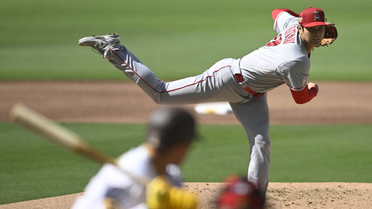 Los Angeles Angels starting pitcher Shohei Ohtani (17) delivers during the second inning of a baseball game against the San Diego Padres Tuesday, July 4, 2023, in San Diego. (AP Photo/Denis Poroy)