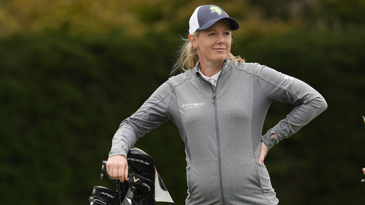 Amy Olson waits to tee off on the first hole during a practice round for the U.S. Women's Open golf tournament at Pebble Beach Golf Links, Tuesday, July 4, 2023, in Pebble Beach, Calif. (AP Photo/Darron Cummings)