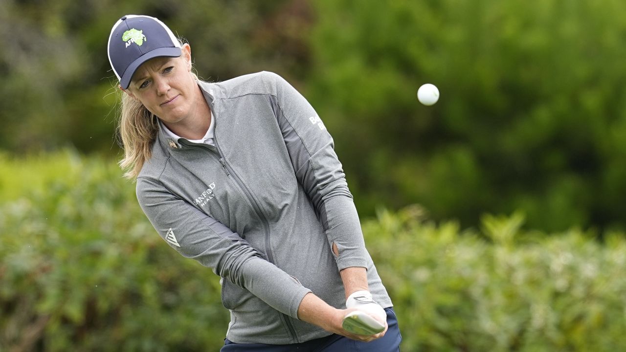 Amy Olson hits to the first green during a practice round for the U.S. Women's Open golf tournament at Pebble Beach Golf Links, Tuesday, July 4, 2023, in Pebble Beach, Calif. (AP Photo/Darron Cummings)