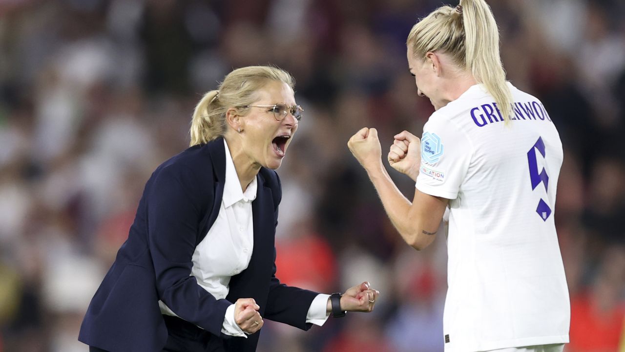 BRIGHTON, ENGLAND - JULY 20: Sarina Wiegman, Manager of England celebrates with Alex Greenwood following  the UEFA Women's Euro England 2022 Quarter Final match between England and Spain at Brighton & Hove Community Stadium on July 20, 2022 in Brighton, England. (Photo by Naomi Baker/Getty Images)