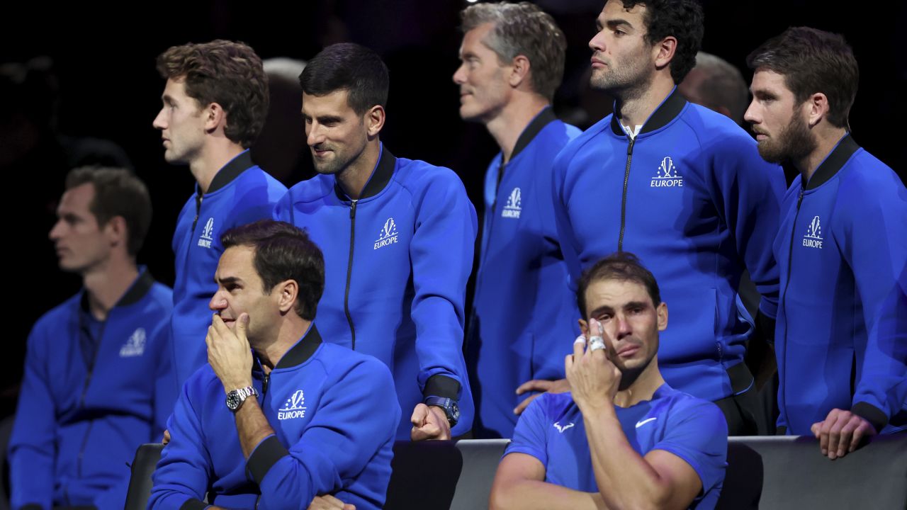 LONDON, ENGLAND - SEPTEMBER 23: Roger Federer of Team Europe shows emotion alongside Rafael Nadal following his final match during Day One of the Laver Cup at The O2 Arena on September 23, 2022 in London, England. (Photo by Julian Finney/Getty Images for Laver Cup)