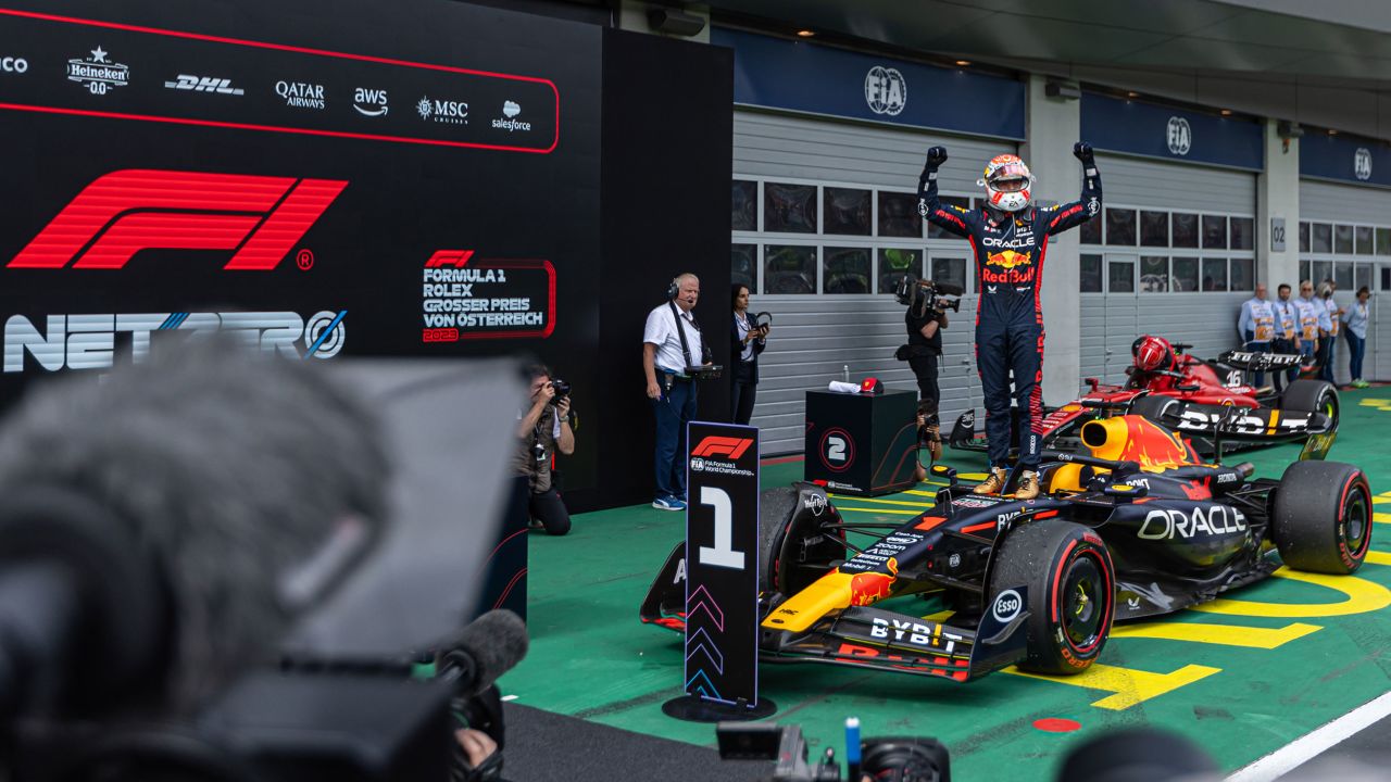 Max Verstappen of Netherland and Oracle Red Bull Racing driver celebrates his victory after the race at Formula 1 Rolex Austrian Grand Prix on July 02, 2023 in Spielberg, Austria.