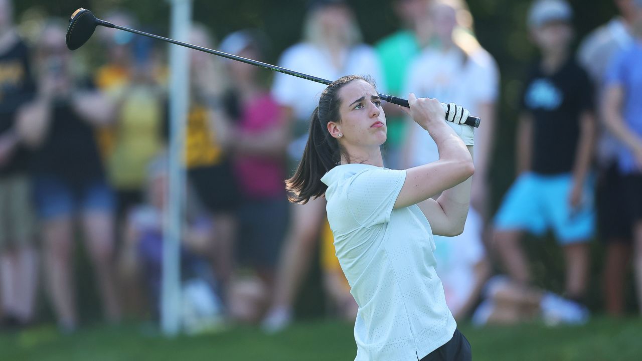 SILVIS, ILLINOIS - JULY 05: Caitlin Clark of the Iowa Hawkeyes plays a shot during the pro-am prior to the John Deere Classic at TPC Deere Run on July 05, 2023 in Silvis, Illinois. (Photo by Michael Reaves/Getty Images)