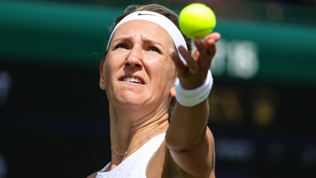 LONDON, ENGLAND - JULY 03: Victoria Azarenka serves in the Women's Singles first round match against Yue Yuan of China during day one of The Championships Wimbledon 2023 at All England Lawn Tennis and Croquet Club on July 03, 2023 in London, England. (Photo by Shi Tang/Getty Images)