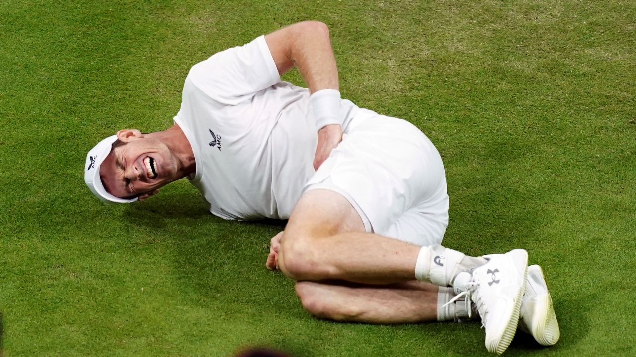 Andy Murray slips on court during his match against Stefanos Tsitsipas (not pictured) on day four of the 2023 Wimbledon Championships at the All England Lawn Tennis and Croquet Club in Wimbledon. Picture date: Thursday July 6, 2023. (Photo by John Walton/PA Images via Getty Images)