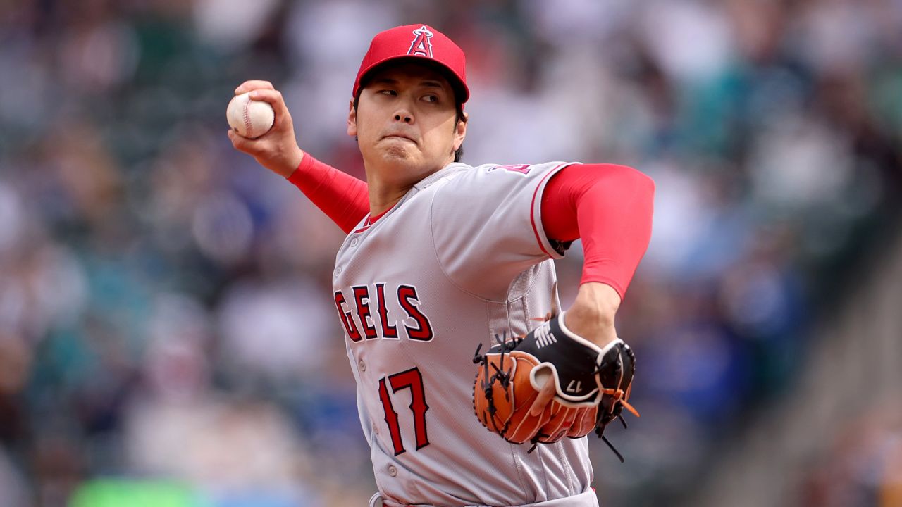 SEATTLE, WASHINGTON - APRIL 05: Shohei Ohtani #17 of the Los Angeles Angels pitches during the first inning against the Seattle Mariners at T-Mobile Park on April 05, 2023 in Seattle, Washington. (Photo by Steph Chambers/Getty Images)