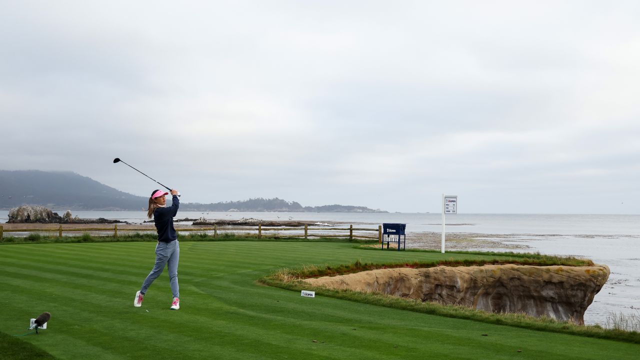 Michelle Wie West of the United States plays her shot from the 18th tee during the second round of the 78th U.S. Women's Open at Pebble Beach Golf Links on July 07, 2023 in Pebble Beach, California.