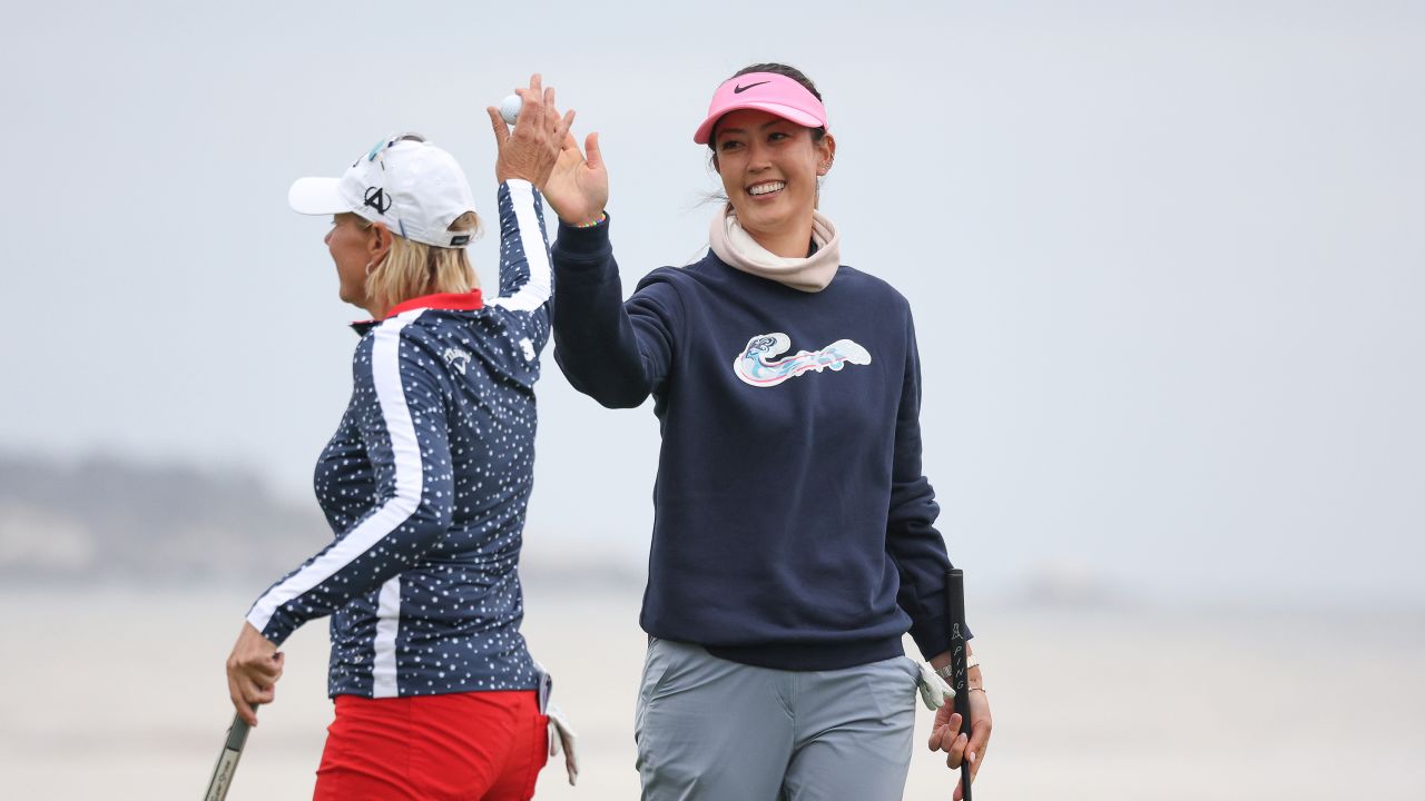 Michelle Wie West (R) of the United States celebrates her putt for par with Annika Sorenstam (L) of Sweden on the 18th green during the second round of the 78th U.S. Women's Open at Pebble Beach Golf Links on July 07, 2023 in Pebble Beach, California.