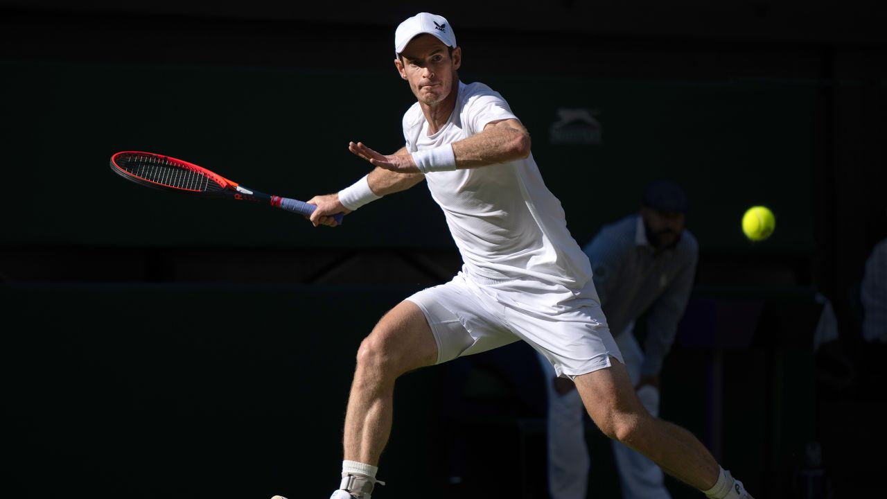 Andy Murray of Great Britain in action against Stefanos Tsitsipas of Greece during day five of The Championships Wimbledon 2023 at All England Lawn Tennis and Croquet Club on July 7, 2023 in London, England.