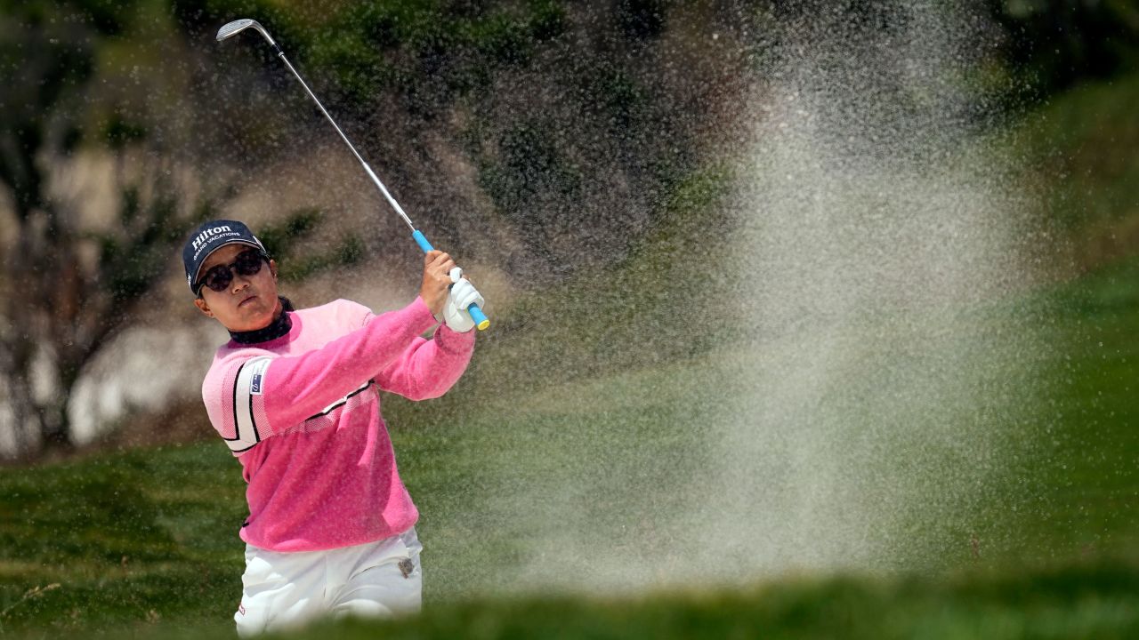 Nasa Hataoka, of Japan, hits from a bunker on the sixth hole during the third round of the U.S. Women's Open golf tournament at the Pebble Beach Golf Links, Saturday, July 8, 2023, in Pebble Beach, Calif. (AP Photo/Darron Cummings)