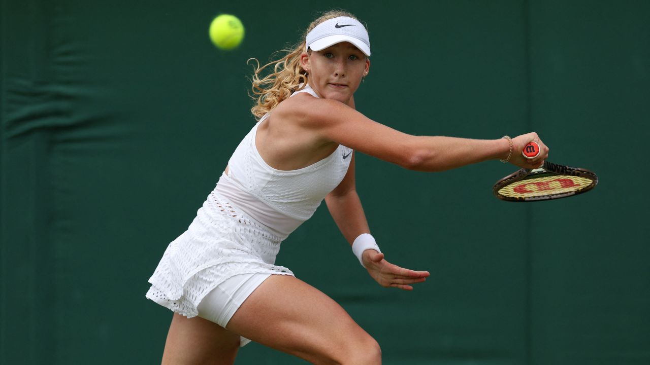 Russia's Mirra Andreeva returns the ball to Russia's Anastasia Potapova during their women's singles tennis match on the seventh day of the 2023 Wimbledon Championships at The All England Tennis Club in Wimbledon, southwest London, on July 9, 2023.