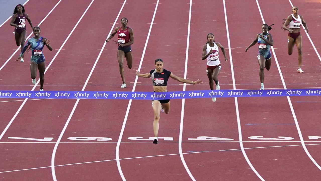 Sydney McLaughlin-Levrone crosses the finish line to win the women's 400 meter final during the U.S. track and field championships in Eugene, Ore., Saturday, July 8, 2023. (AP Photo/Ashley Landis)