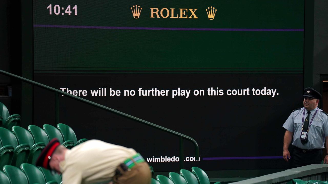 Play is suspended between Novak Djokovic and Hubert Hurkacz on centre court on day seven of the 2023 Wimbledon Championships at the All England Lawn Tennis and Croquet Club in Wimbledon. Picture date: Sunday July 9, 2023. (Photo by Zac Goodwin/PA Images via Getty Images)