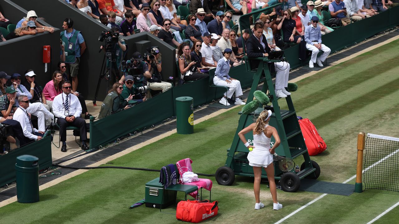 LONDON, ENGLAND - JULY 10: Mirra Andreeva speaks to the umpire after throwing her racket to the ground during her Ladies Singles round of 16 match against Madison Keys (USA) during day eight of The Championships Wimbledon 2023 at All England Lawn Tennis and Croquet Club on July 10, 2023 in London, England. (Photo by Charlotte Wilson/Offside/Offside via Getty Images)