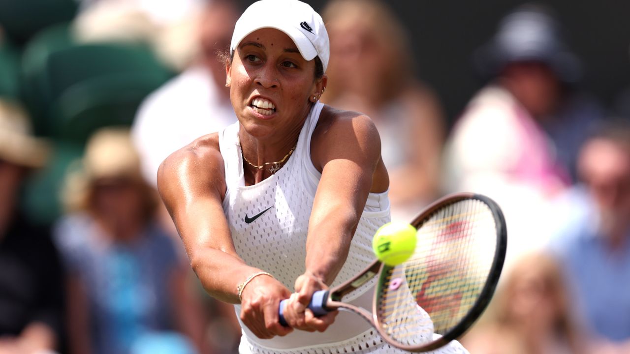 LONDON, ENGLAND - JULY 10: Madison Keys of United States plays a backhand against Mirra Andreeva in the Women's Singles fourth round match during day eight of The Championships Wimbledon 2023 at All England Lawn Tennis and Croquet Club on July 10, 2023 in London, England. (Photo by Clive Brunskill/Getty Images)