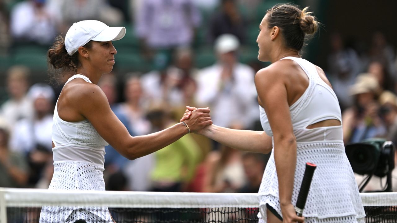 LONDON, ENGLAND - JULY 12: Aryna Sabalenka shakes hands with Madison Keys (L) of United States following the Women's Singles Quarter Final match during day ten of The Championships Wimbledon 2023 at All England Lawn Tennis and Croquet Club on July 12, 2023 in London, England. (Photo by Shaun Botterill/Getty Images)