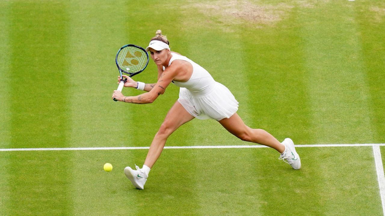 Marketa Vondrousova in action against Elina Svitolina during the Ladies Singles - Semi-Final match on day eleven of the 2023 Wimbledon Championships at the All England Lawn Tennis and Croquet Club in Wimbledon. Picture date: Thursday July 13, 2023.