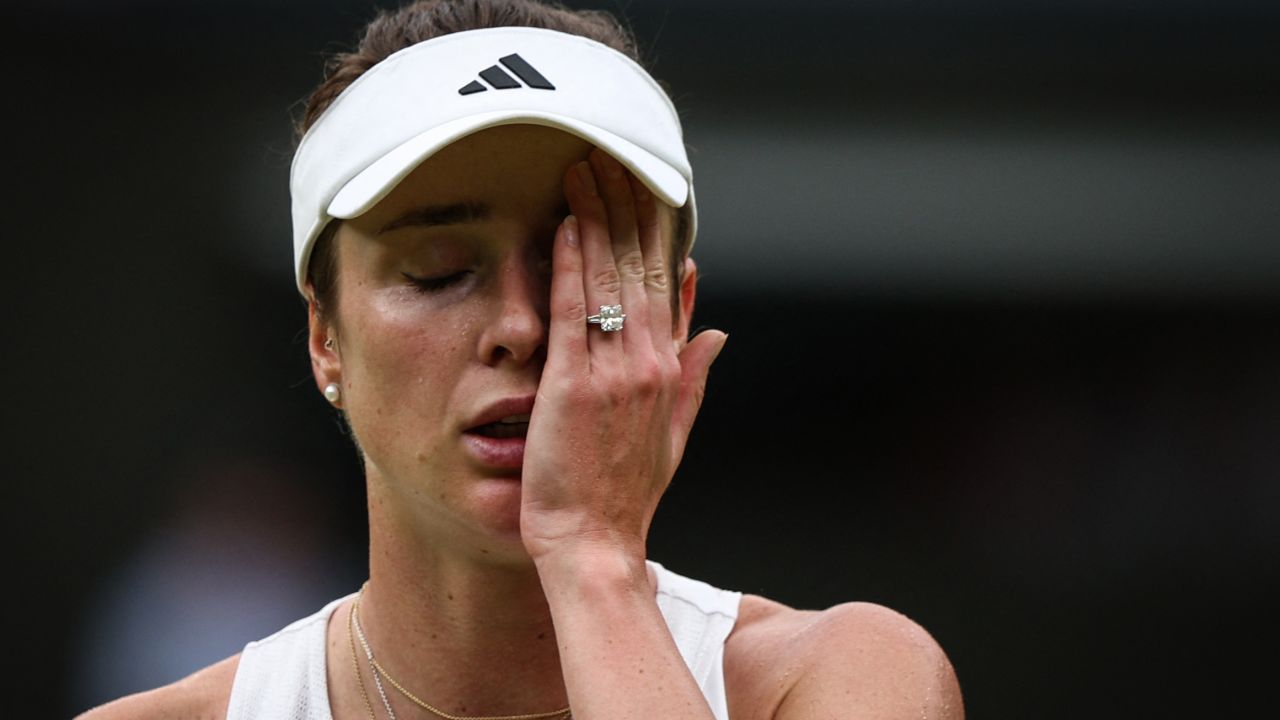 Ukraine's Elina Svitolina reacts as she plays against Czech Republic's Marketa Vondrousova during their women's singles semi-finals tennis match on the eleventh day of the 2023 Wimbledon Championships at The All England Lawn Tennis Club in Wimbledon, southwest London, on July 13, 2023.