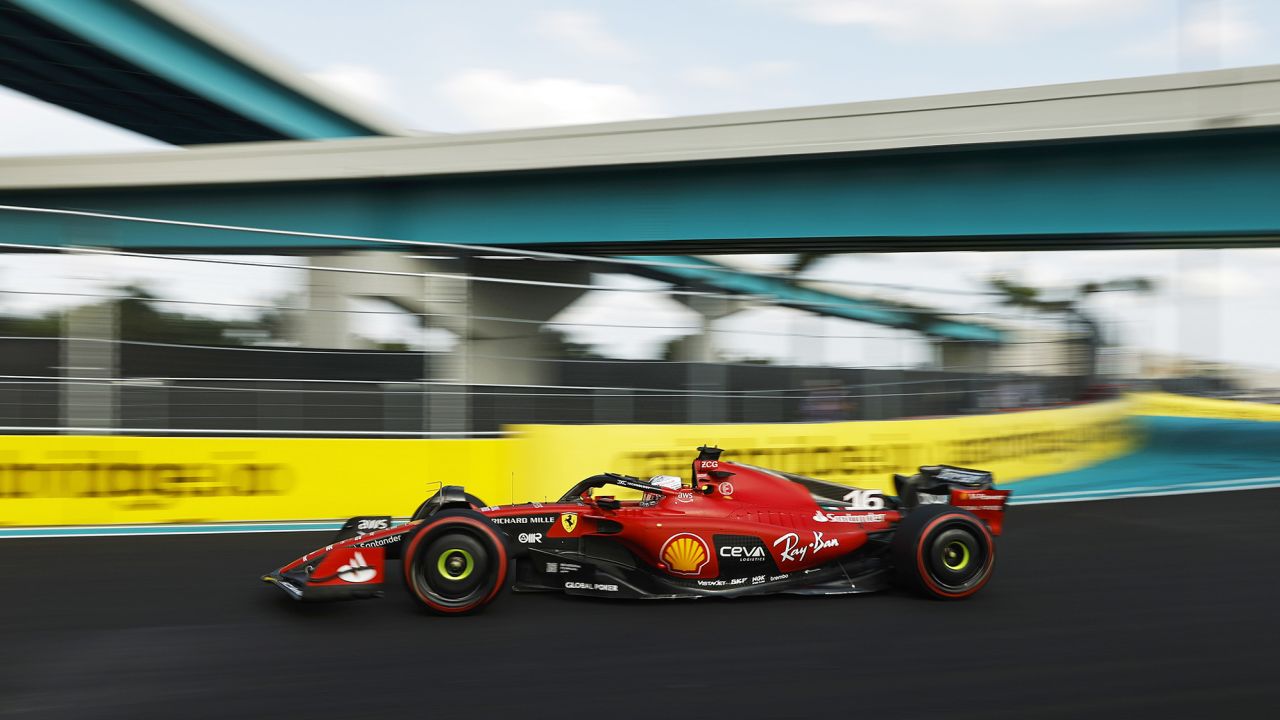 MIAMI, FLORIDA - MAY 05: Charles Leclerc of Monaco driving the (16) Ferrari SF-23 on track during practice ahead of the F1 Grand Prix of Miami at Miami International Autodrome on May 05, 2023 in Miami, Florida. (Photo by Chris Graythen/Getty Images)