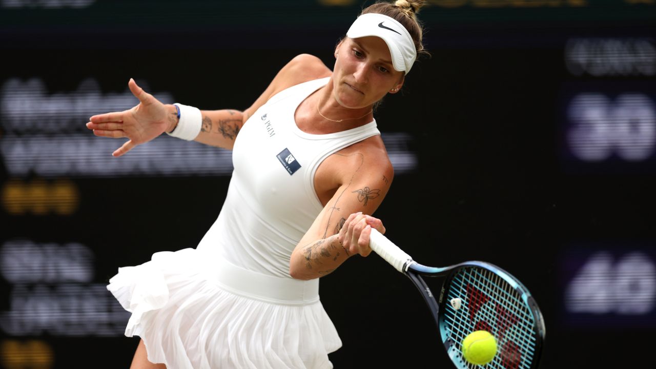 Marketa Vondrousova of Czech Republic plays a forehand during the Women's Singles Final against Ons Jabeur of Tunisia on day thirteen of The Championships Wimbledon 2023 at All England Lawn Tennis and Croquet Club on July 15, 2023 in London, England.