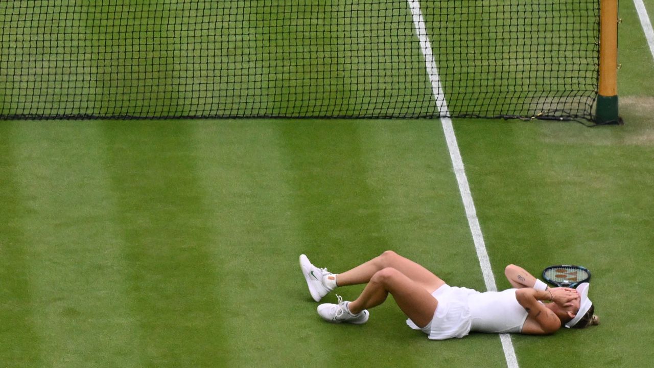 Czech Republic's Marketa Vondrousova celebrates winning against Tunisia's Ons Jabeur during their women's singles final tennis match on the thirteenth day of the 2023 Wimbledon Championships at The All England Lawn Tennis Club in Wimbledon, southwest London, on July 15, 2023.