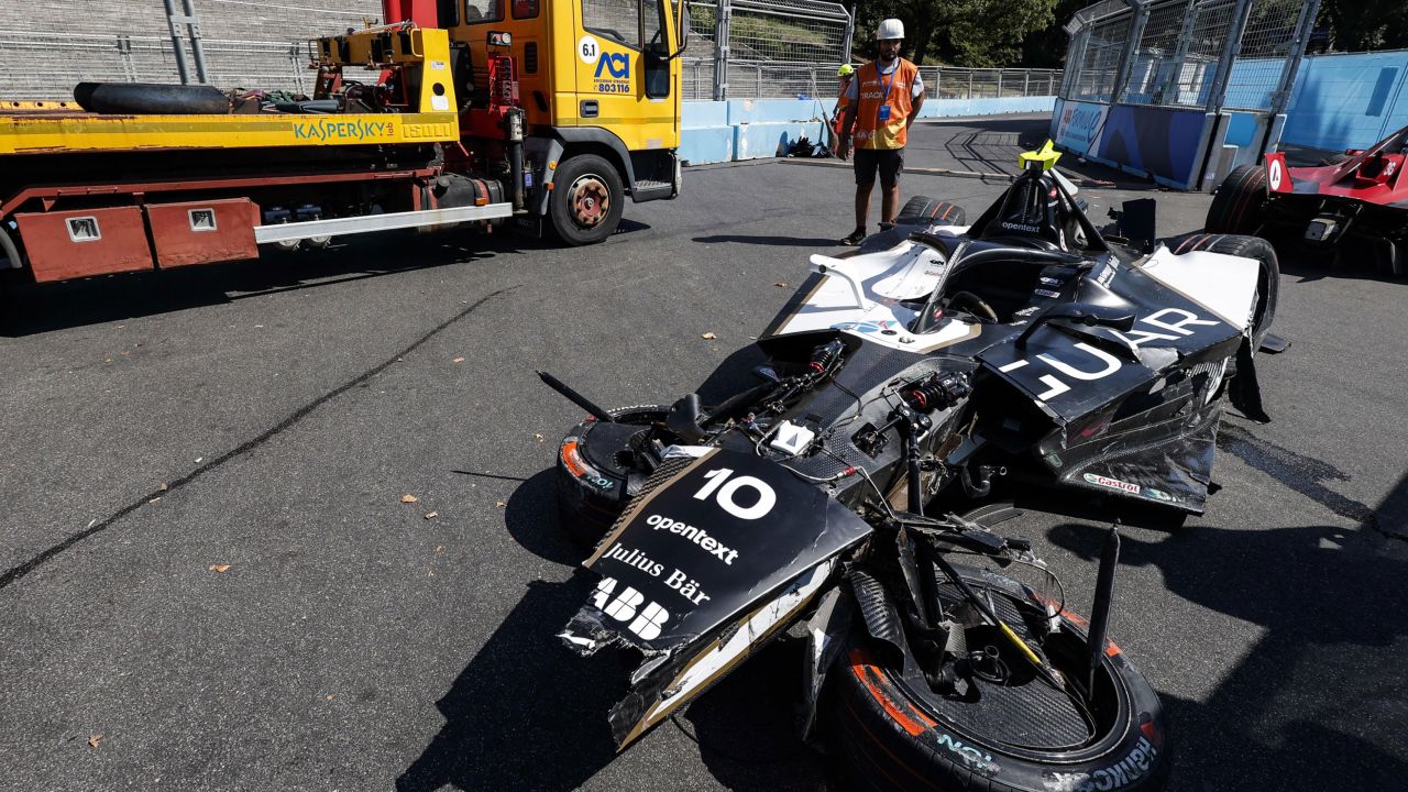 Mandatory Credit: Photo by GIUSEPPE LAMI/EPA-EFE/Shutterstock (14010854c)
The racing car of British driver Sam Bird of Jaguar TCS Racing after crashing during the Rome E-Prix, in Rome, Italy, 15 July 2023. The first of two Formula E races in Rome was stopped on the ninth lap after a serious multi-car crash.
Formula E Rome E-Prix, Italy - 15 Jul 2023