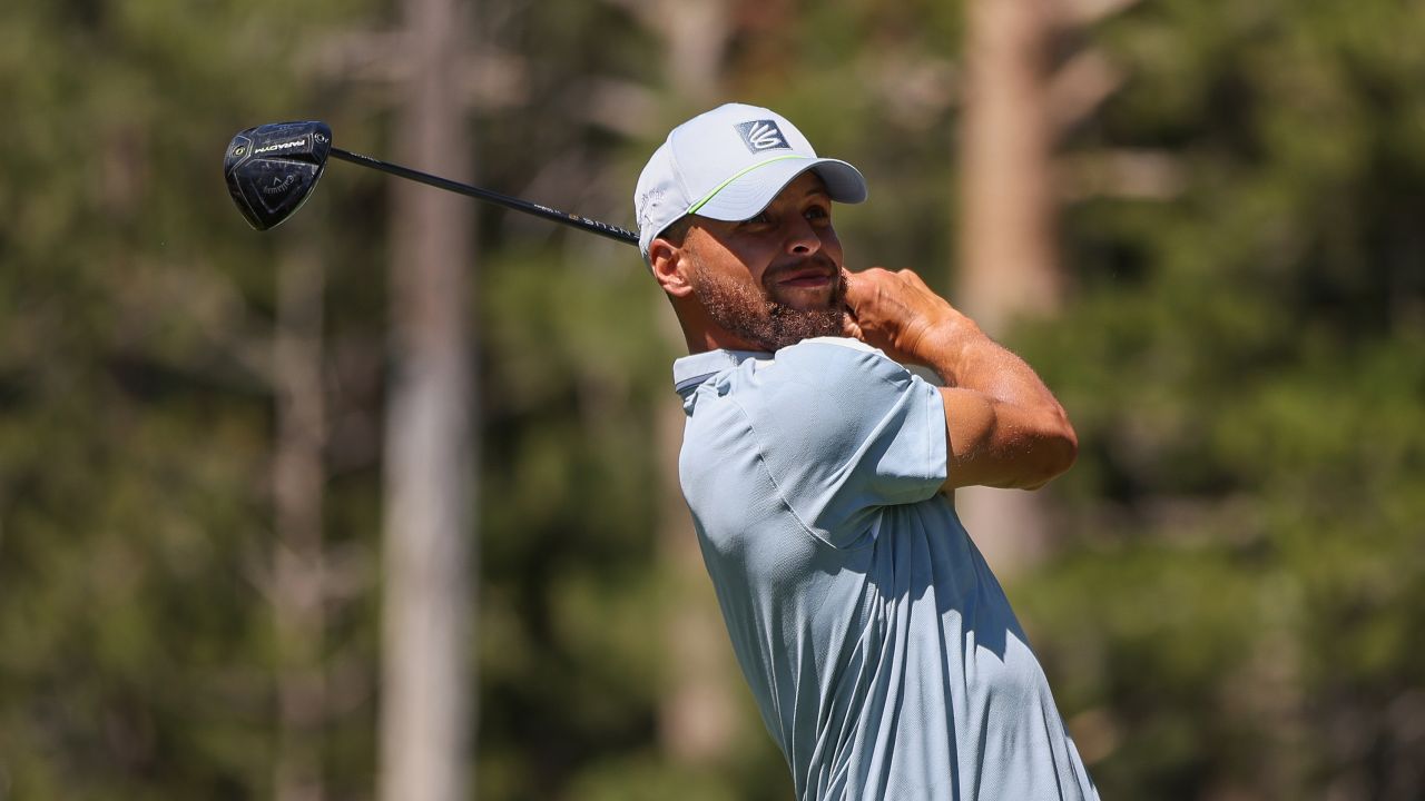 Stephen Curry of the NBA Golden State Warriors hits his tee on the 18th hole on Day Two of the 2023 American Century Championship at Edgewood Tahoe Golf Course on July 15, 2023 in Stateline, Nevada.