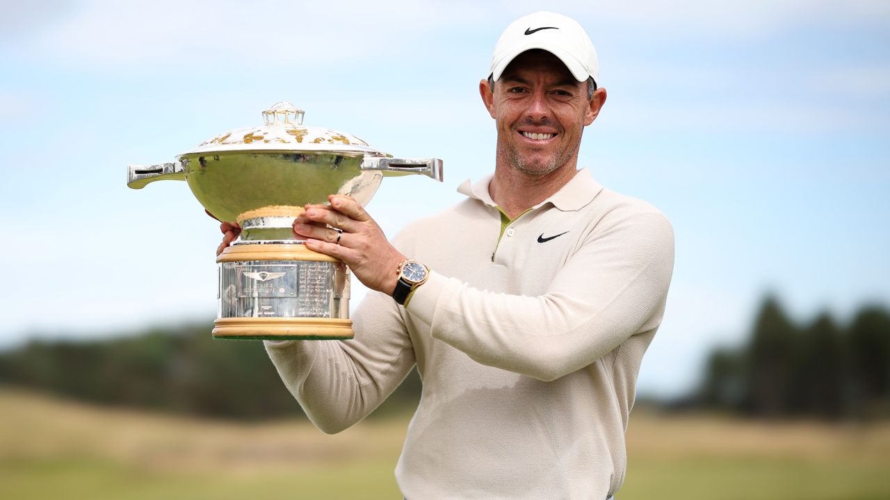 NORTH BERWICK, SCOTLAND - JULY 16: Rory McIlroy of Northern Ireland poses for a photo with the Genesis Scottish Open trophy on the 18th green after winning the tournament during Day Four of the Genesis Scottish Open at The Renaissance Club on July 16, 2023 in United Kingdom. (Photo by Jared C. Tilton/Getty Images)