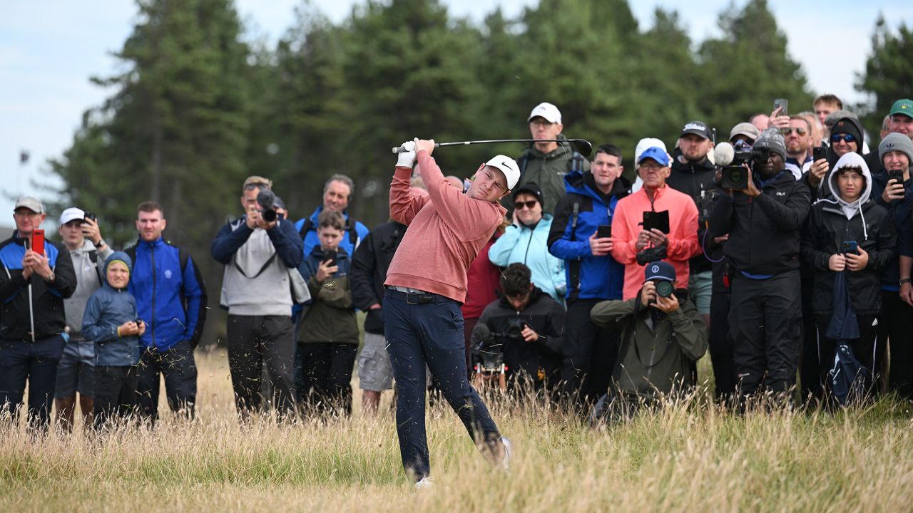 NORTH BERWICK, SCOTLAND - JULY 16: Robert MacIntyre of Scotland plays his second shot on the 18th hole during Day Four of the Genesis Scottish Open at The Renaissance Club on July 16, 2023 in United Kingdom. (Photo by Octavio Passos/Getty Images)