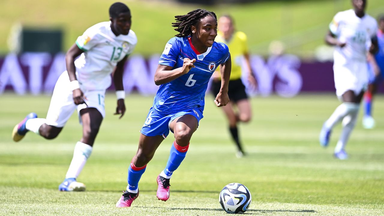 AUCKLAND, NEW ZEALAND - FEBRUARY 18: Melchie Dumornay of Haiti on attack during the 2023 FIFA Women's World Cup Play Off Tournament match between Senegal and Haiti at North Harbour Stadium on February 18, 2023 in Auckland, New Zealand. (Photo by Hannah Peters - FIFA/FIFA via Getty Images)