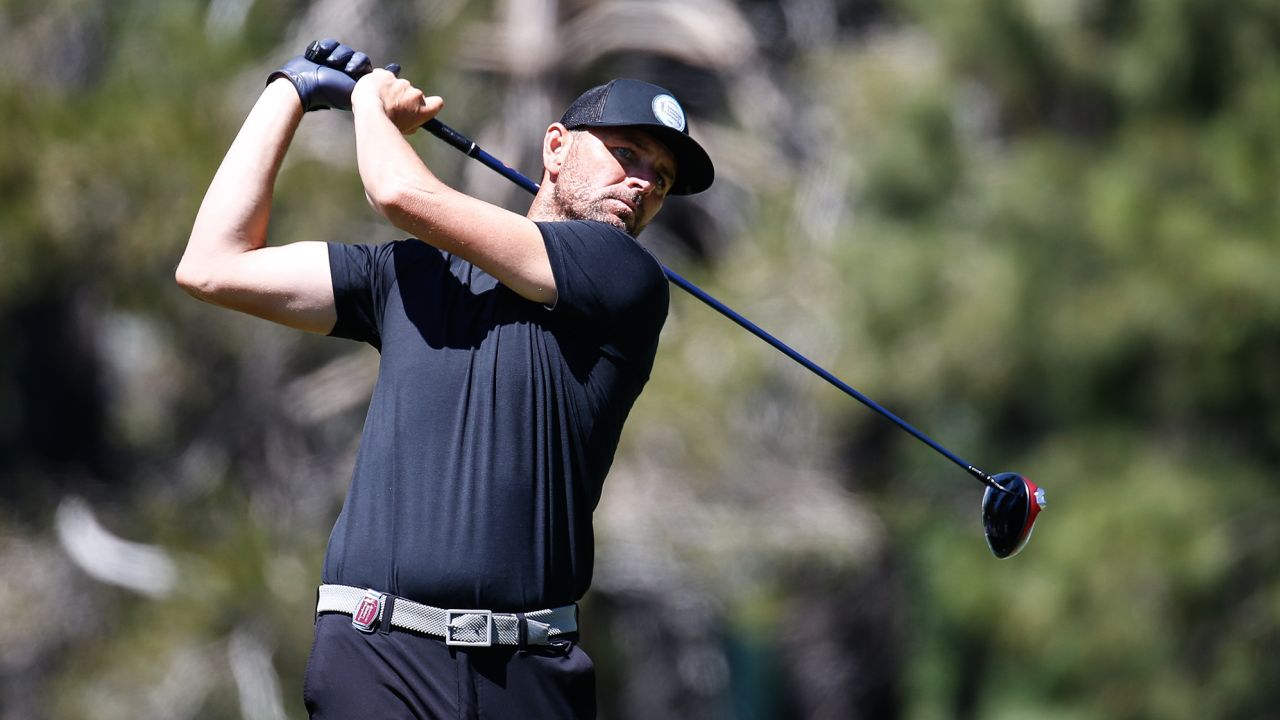 STATELINE, NEVADA - JULY 16: Mardy Fish, former tennis player, hits his tee on the 18th hole on Day Three of the 2023 American Century Championship at Edgewood Tahoe Golf Course on July 16, 2023 in Stateline, Nevada. (Photo by Isaiah Vazquez/Getty Images)