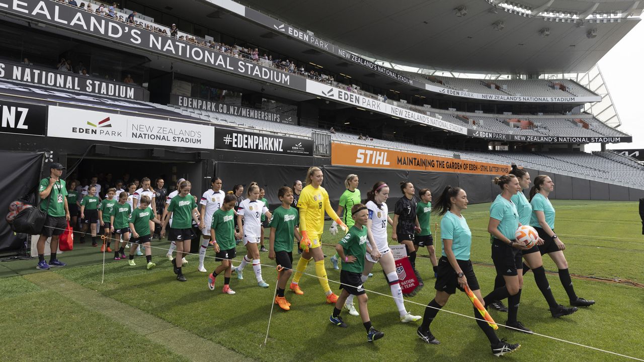 Jan 21, 2023; Auckland, NZL; United States and New Zealand women's soccer teams walk out to the field of play before the International Friendly between New Zealand and USA held at Eden Park. Mandatory Credit: Brett Phibbs-USA TODAY Sports