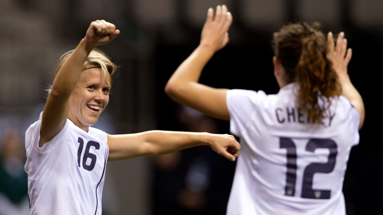 United States' Lori Lindsey, left, celebrates her goal against Guatemala with teammate Lauren Cheney during the first half in a CONCACAF women's Olympic qualifying soccer game in Vancouver, British Columbia, on Sunday, Jan. 22, 2012. (AP Photo/The Canadian Press, Darryl Dyck