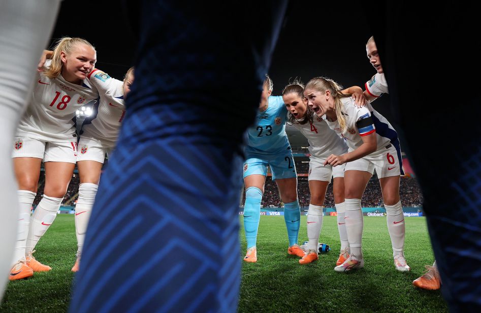 Norway players huddle before the match against New Zealand.