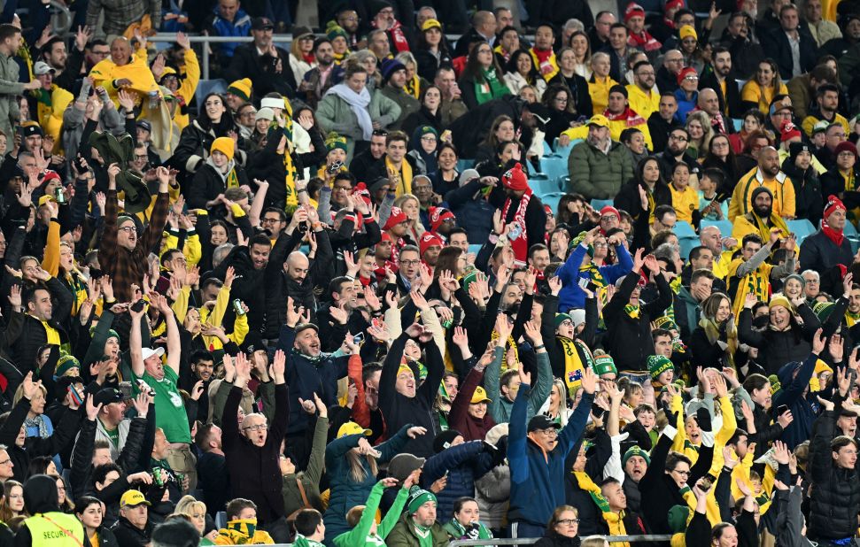 Supporters of both Australia and Ireland watch the match in Sydney. The second match of this year's tournament set a new <a href="https://www.cnn.com/sport/live-news/womens-world-cup-opening-ceremony-2023/h_65bd4f4b27a440f1aba706ec23ec1689" target="_blank">single-game attendance record</a> for a women's soccer match in Australia, with 75,784 fans watching.