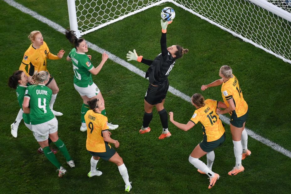 Australian goalkeeper Mackenzie Arnold makes a save.