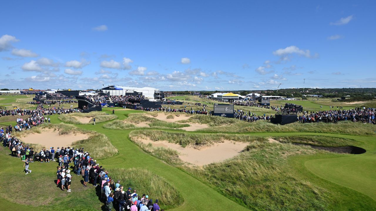 HOYLAKE, ENGLAND - JULY 19: General view across the 17th tee and hole as crowds look on during a practice round prior to The 151st Open at Royal Liverpool Golf Club on July 19, 2023 in Hoylake, England. (Photo by Stuart Franklin/R&A/R&A via Getty Images)