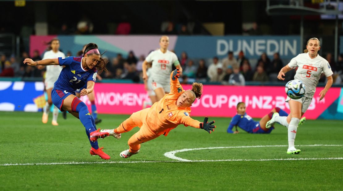 The Philippines' Katrina Guillou takes a shot against Switzerland's Gaëlle Thalmann. The goal was disallowed.