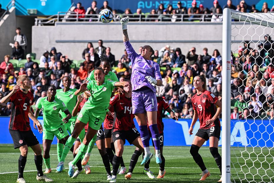 Canadian goalkeeper Kailen Sheridan punches the ball clear during a 0-0 draw against Nigeria on July 21.