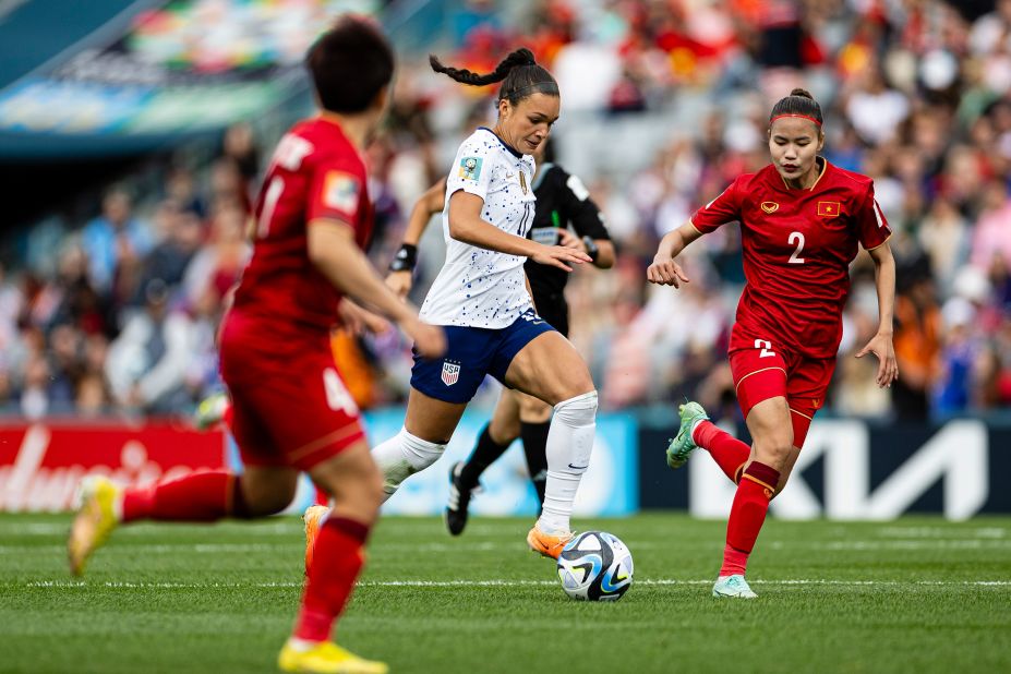 US forward Sophia Smith dribbles the ball against Vietnam. She scored the first two goals of the match.