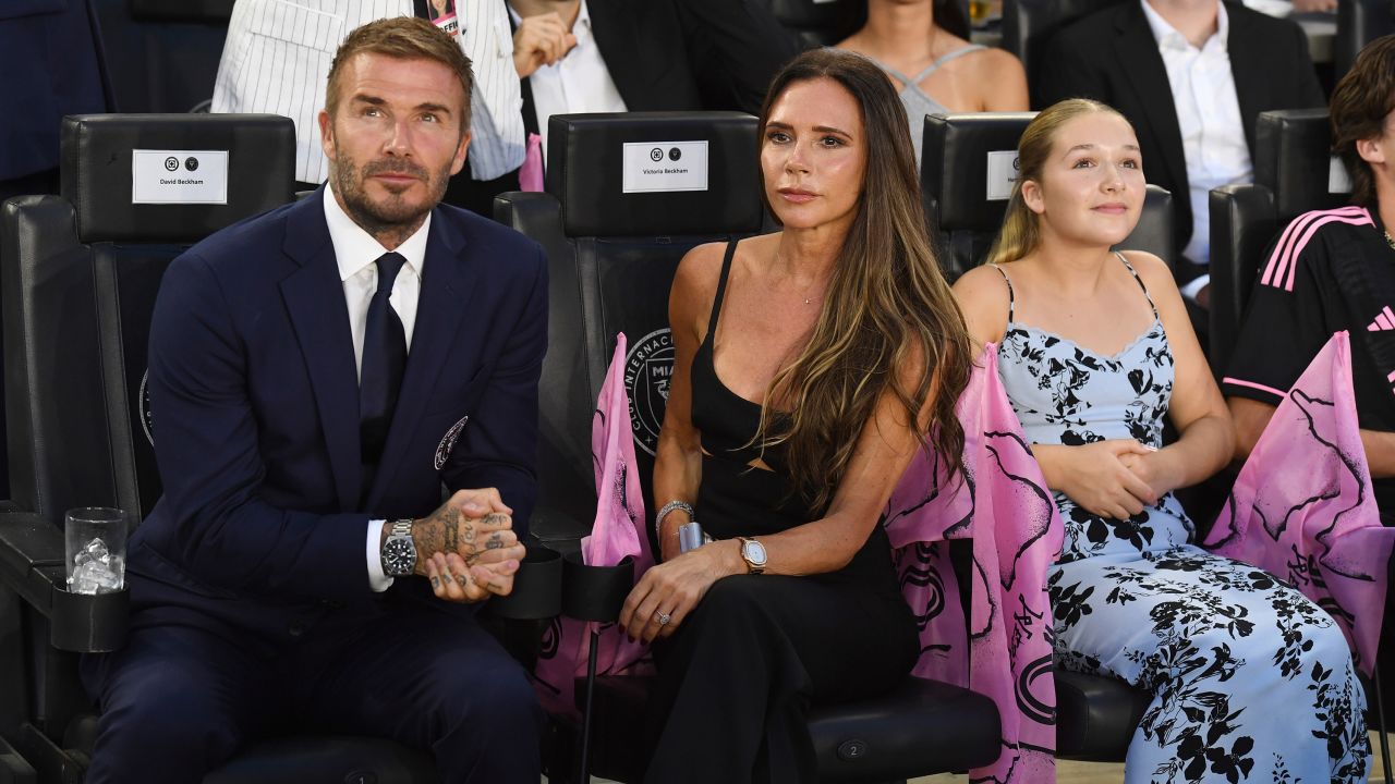 FORT LAUDERDALE FL - JULY 21: David Beckham, Victoria Beckham and Harper Beckham are seen as Lionel Messi of Inter Miami CF plays during his first game in a League's Cup match against against Cruz Azul at DRV PNK Stadium on July 21, 2023 in Fort Lauderdale, Florida.