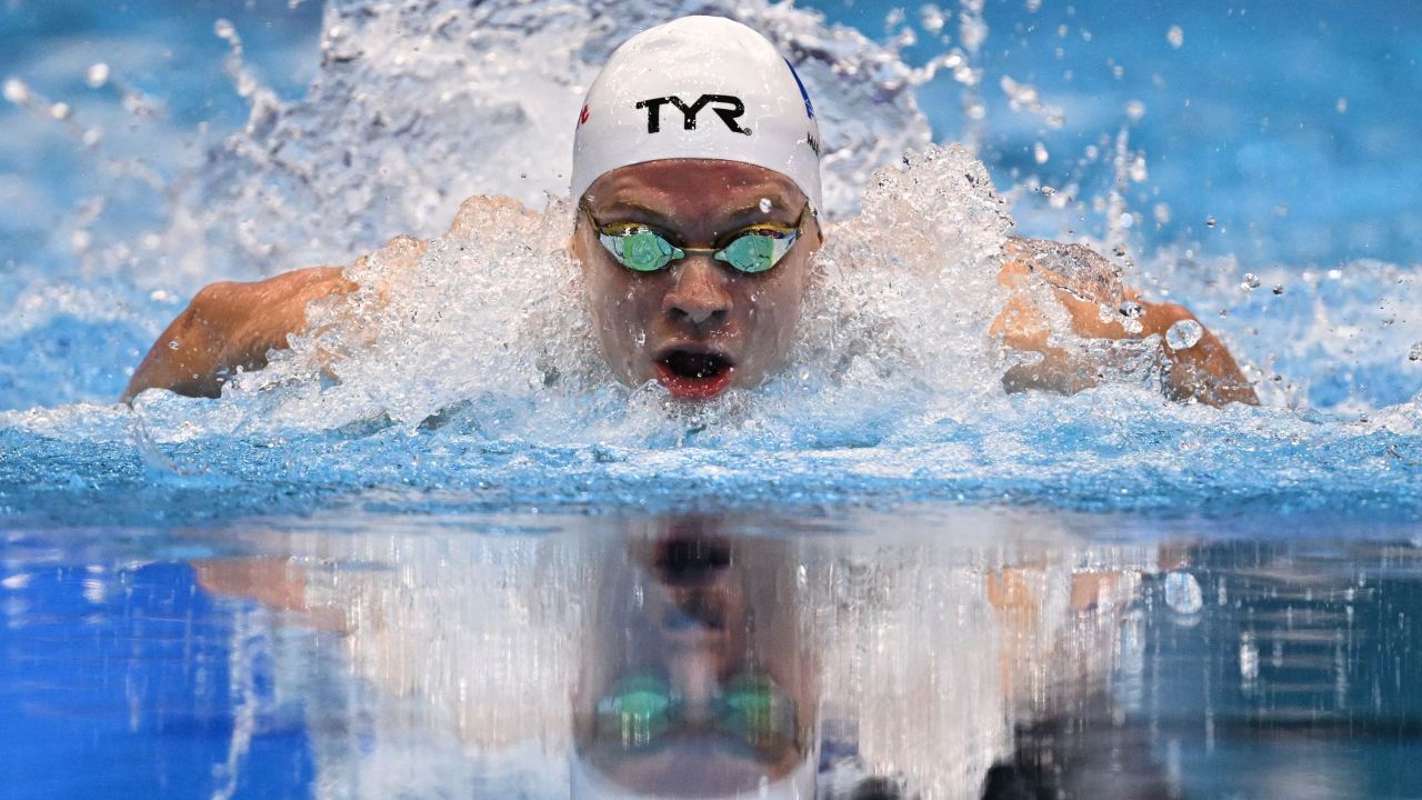 France's Leon Marchand competes in the final of the men's 400m medley swimming event during the World Aquatics Championships in Fukuoka on July 23, 2023.