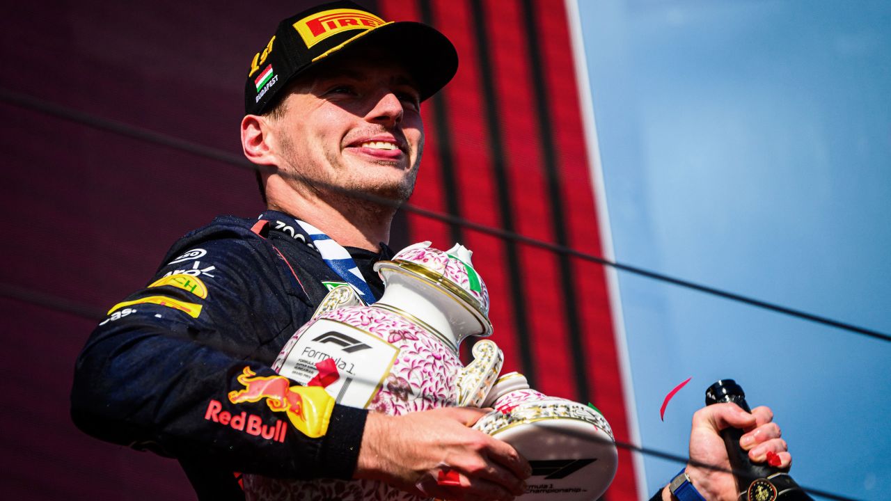 Mandatory Credit: Photo by Jure Makovec/SOPA Images/Shutterstock (14019817ak)
Oracle Red Bull Racing's Dutch driver Max Verstappen reacts on podium after winning the Hungarian F1 Grand Prix race at the Hungaroring, near Budapest.
Formula 1, Hungarian Grand Prix in Budapest - 23 Jul 2023