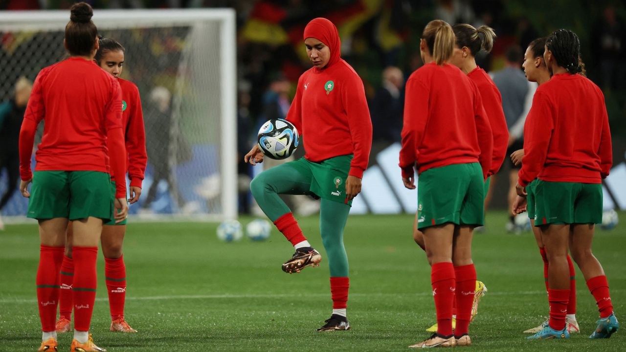 Morocco's Nouhaila Benzina during warm-ups before the match against Germany.