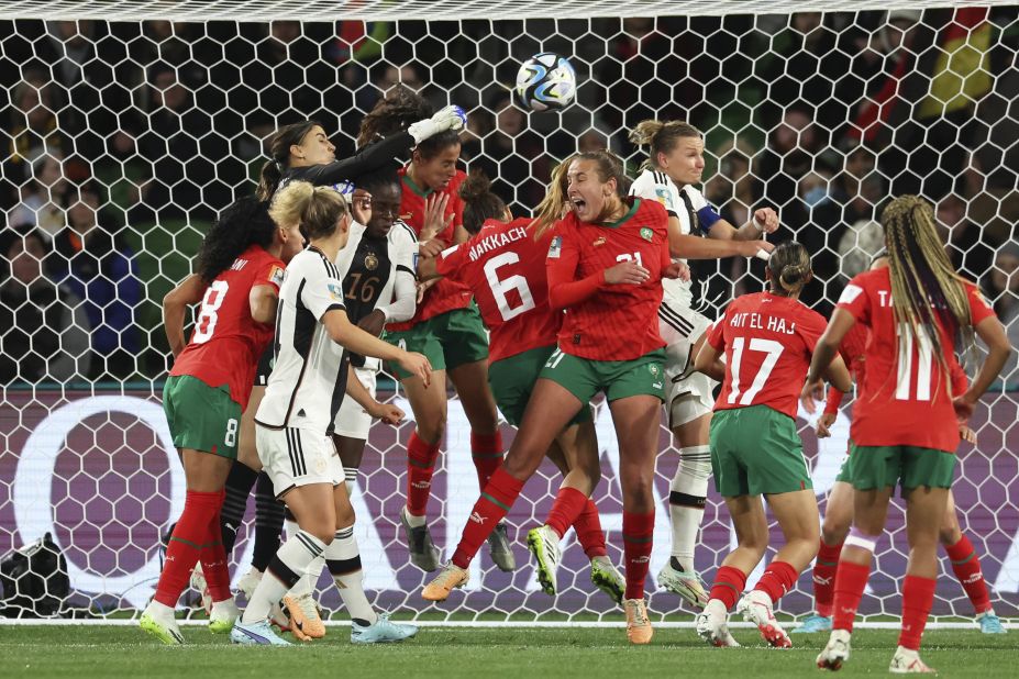 Moroccan goalkeeper Khadija Er-Rmichi tries to punch the ball away during a match against Germany on July 24. <a href="https://edition.cnn.com/2023/07/23/football/brazil-germany-panama-morocco-womens-world-cup-2023-spt-intl/index.html" target="_blank">Germany dominated Morocco 6-0</a> in what was the biggest scoreline of the tournament so far.