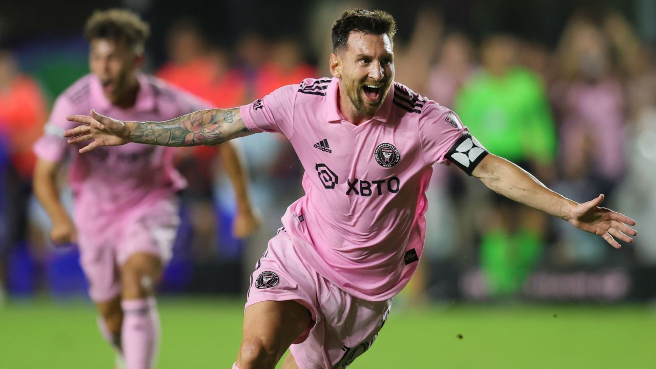 Jul 21, 2023; Fort Lauderdale, FL, USA; Inter Miami CF forward Lionel Messi (10) celebrates after scoring a goal against Cruz Azul during the second half at DRV PNK Stadium. Mandatory Credit: Sam Navarro-USA TODAY Sports